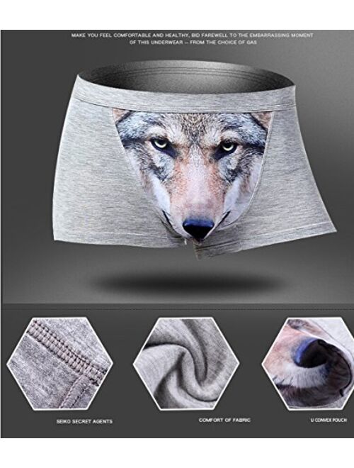 Men's Seamless Boxer Brief Stretchable Underwear 3D Printing 3-pcs Set, Sexy Hipster Wolf Animals