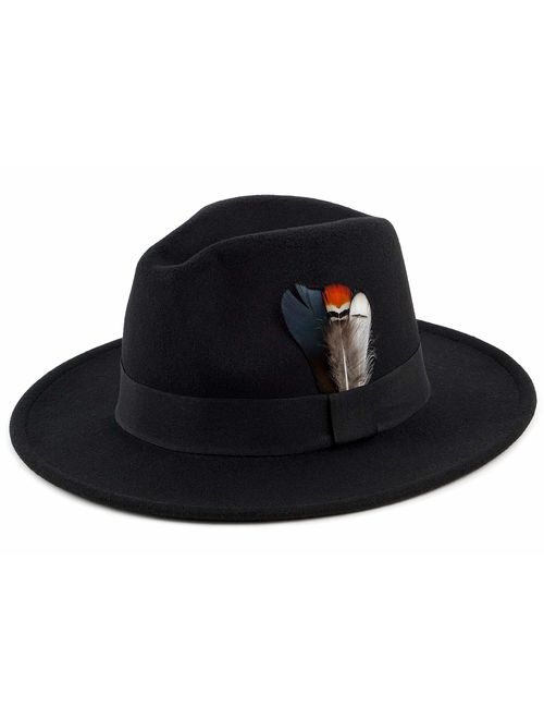 Classic Fedora Hat for Men & Women Wide Brim Panama Hat Vintage Gangster Hat with Black Band and Feather