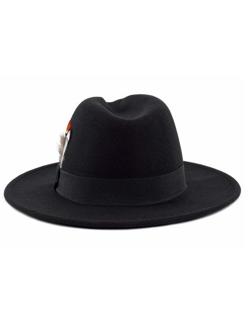 Classic Fedora Hat for Men & Women Wide Brim Panama Hat Vintage Gangster Hat with Black Band and Feather