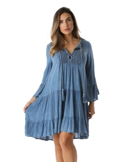 Riviera Sun Short Flowy Casual Dress with Crochet Front & Bell Sleeves