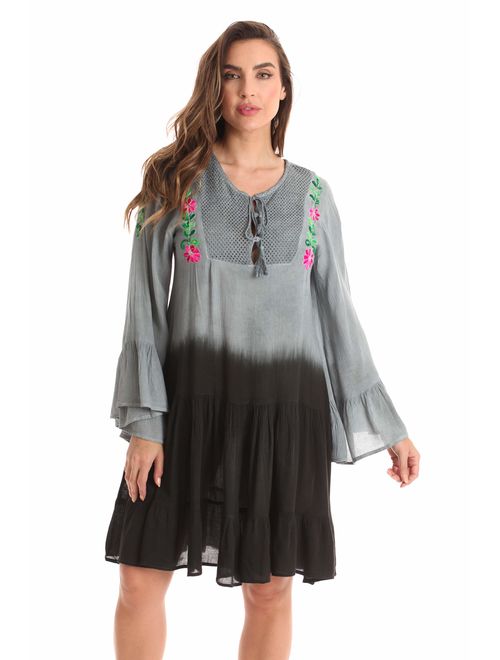 Riviera Sun Short Flowy Casual Dress with Crochet Front & Bell Sleeves