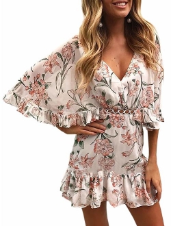 ECOWISH Women's Dresses Floral Print V Neck Batwing Ruffle Hem Short Sleeve Hollow Out Boho Mini Dress