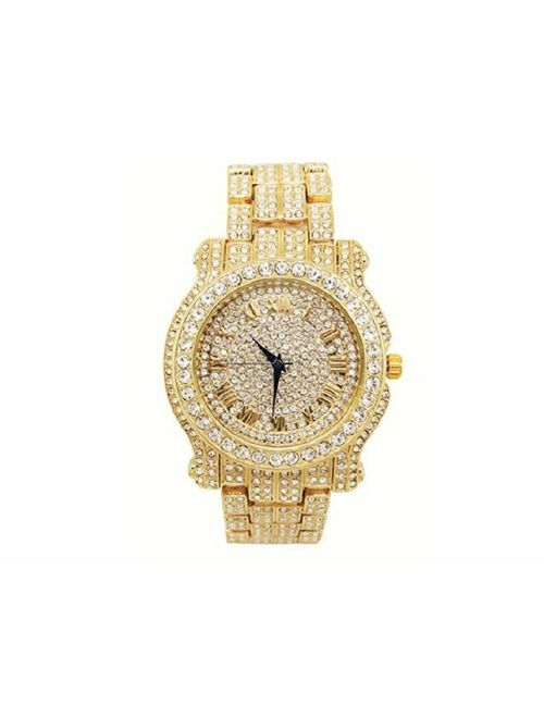 Bling-ed Out Round Luxury Mens Watch w/Bling-ed Out Cuban Bracelet - L0504B - Cuban Gold