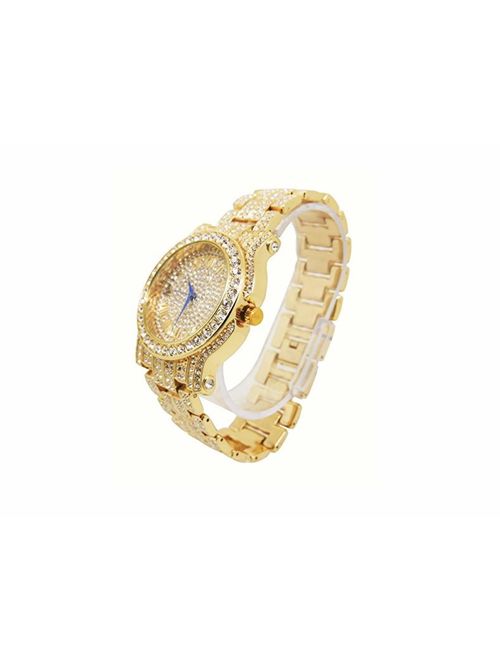 Bling-ed Out Round Luxury Mens Watch w/Bling-ed Out Cuban Bracelet - L0504B - Cuban Gold