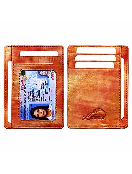 Lethnic Slim Wallet RFID Front Pocket Minimalist Wallet With ID Window - Genuine Leather