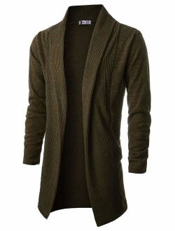 OHOO Mens Long Sleeve Draped Lightweight Open Front Shawl Collar Longline Cardigan