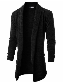 OHOO Mens Long Sleeve Draped Lightweight Open Front Shawl Collar Longline Cardigan