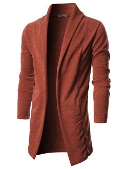 OHOO Mens Long Sleeve Draped Lightweight Open Front Shawl Collar Longline Cardigan