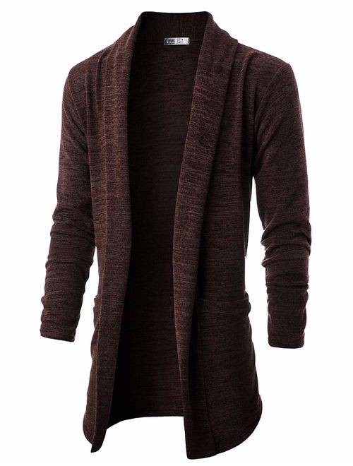 OHOO Mens Long Sleeve Draped Lightweight Open Front Shawl Collar Longline Cardigan