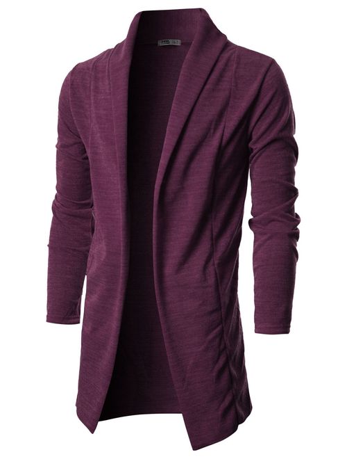 OHOO Mens Long Sleeve Draped Lightweight Open Front Shawl Collar Longline Cardigan