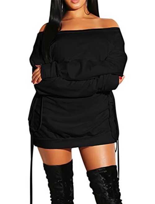 GOKATOSAU Women's Sexy Casual Off Shoulder Long Sleeve Lace Up Loose Club Mini Dress