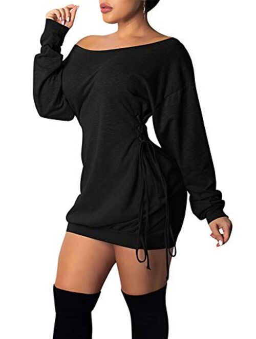 GOKATOSAU Women's Sexy Casual Off Shoulder Long Sleeve Lace Up Loose Club Mini Dress