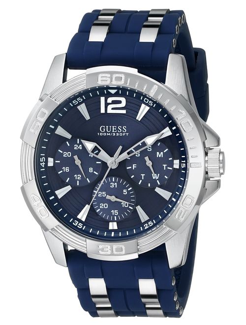 GUESS Iconic Blue Stainless Steel Stain Resistant Silicone Watch with Day, Date + 24 Hour Military/Int'l Time. Color: Blue (Model: U0366G2)