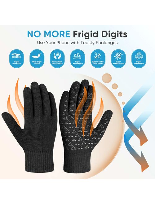 FRETREE Winter Gloves for Men- Touchscreen Warm Knit Gloves with Thickened Cuff & Anti-Slip Palm for Women, 3 Finger Touchscreen for Texting & Driving