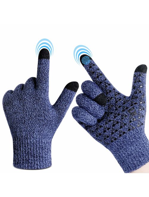 FRETREE Winter Gloves for Men- Touchscreen Warm Knit Gloves with Thickened Cuff & Anti-Slip Palm for Women, 3 Finger Touchscreen for Texting & Driving