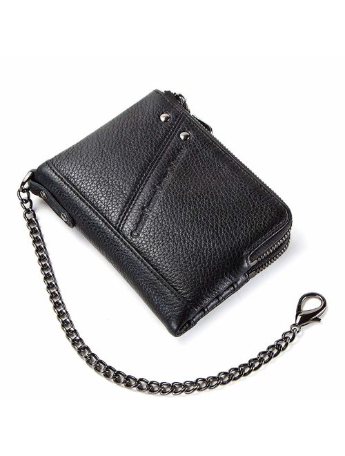 Contacts RFID Mens Genuine Leather Double Zipper Pocket Bifold Coin Wallet with Anti-Theft Chain