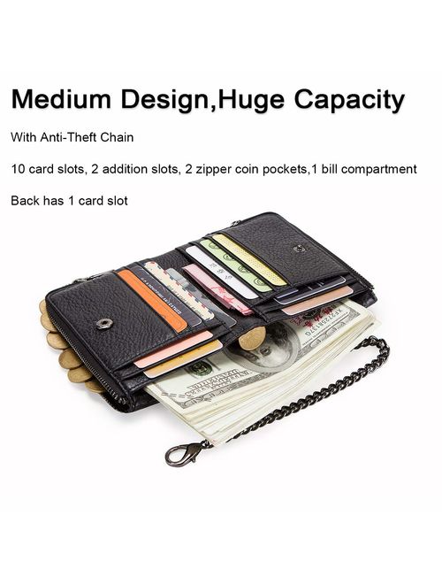 Contacts RFID Mens Genuine Leather Double Zipper Pocket Bifold Coin Wallet with Anti-Theft Chain