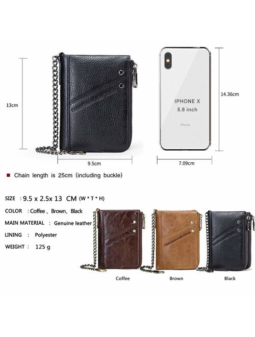 Contacts RFID Mens Genuine Leather Double Zipper Pocket Bifold Coin Wallet with Anti-Theft Chain