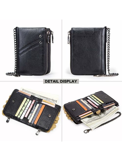 Contacts RFID Mens Genuine Leather Double Zipper Pocket Bifold Coin Wallet with Anti-Theft Chain