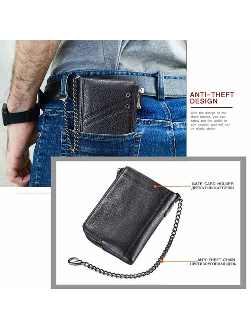 Contacts RFID Mens Genuine Leather Double Zipper Pocket Bifold Coin Wallet with Anti-Theft Chain