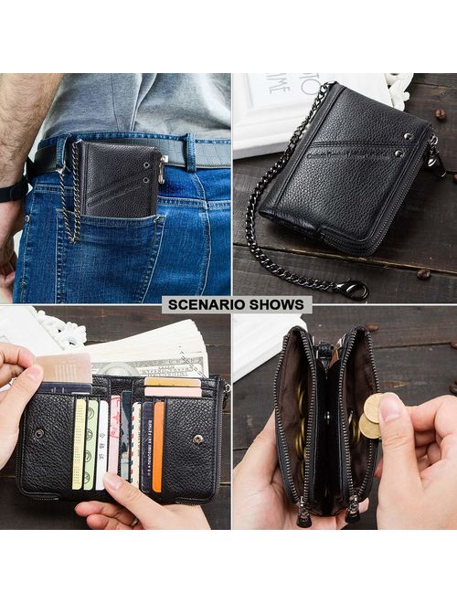 Contacts RFID Mens Genuine Leather Double Zipper Pocket Bifold Coin Wallet with Anti-Theft Chain