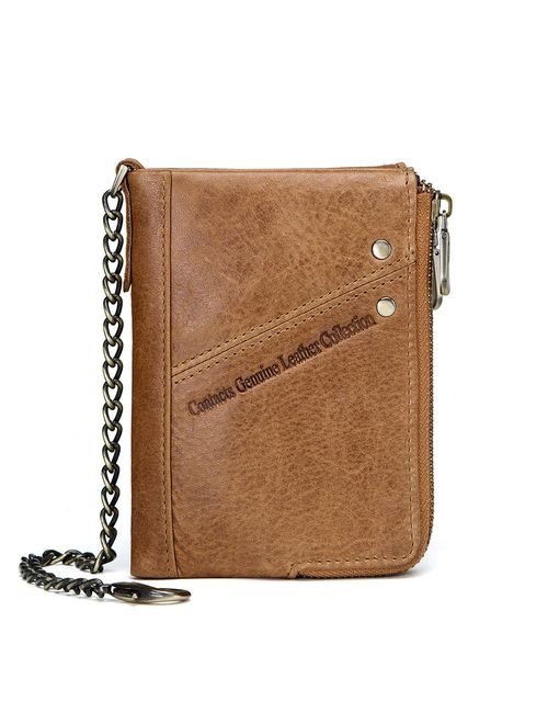 Contacts RFID Mens Genuine Leather Double Zipper Pocket Bifold Coin Wallet with Anti-Theft Chain