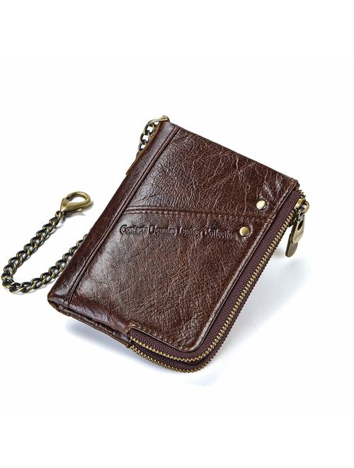 Contacts RFID Mens Genuine Leather Double Zipper Pocket Bifold Coin Wallet with Anti-Theft Chain