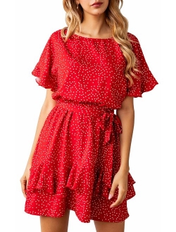 ECOWISH Women's V Neck Polka Dot Ruffles Mini Sexy Dress Short Sleeve Wrap Summer Dresses with Belt