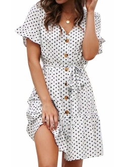 ECOWISH Women's V Neck Polka Dot Ruffles Mini Sexy Dress Short Sleeve Wrap Summer Dresses with Belt