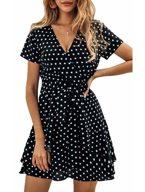 ECOWISH Women's V Neck Polka Dot Ruffles Mini Sexy Dress Short Sleeve Wrap Summer Dresses with Belt