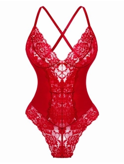 Genhoo Women Sexy Lingerie Lace Bodysuit Teddy One Piece Outfit Sleepwear