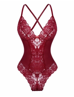 Genhoo Women Sexy Lingerie Lace Bodysuit Teddy One Piece Outfit Sleepwear