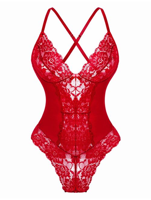 Genhoo Women Sexy Lingerie Lace Bodysuit Teddy One Piece Outfit Sleepwear