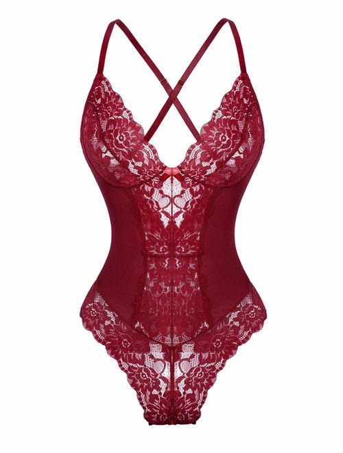 Genhoo Women Sexy Lingerie Lace Bodysuit Teddy One Piece Outfit Sleepwear