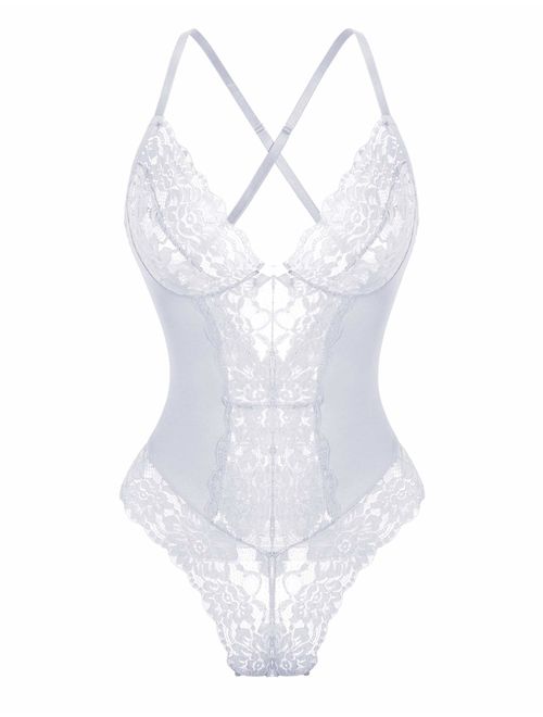 Genhoo Women Sexy Lingerie Lace Bodysuit Teddy One Piece Outfit Sleepwear