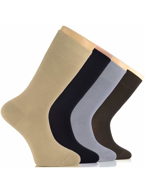 Hugh Ugoli Men's Bamboo Dress Socks Seamless Toe Business Crew Men Thin Socks, 4 Pairs, Shoe Size: 8-12