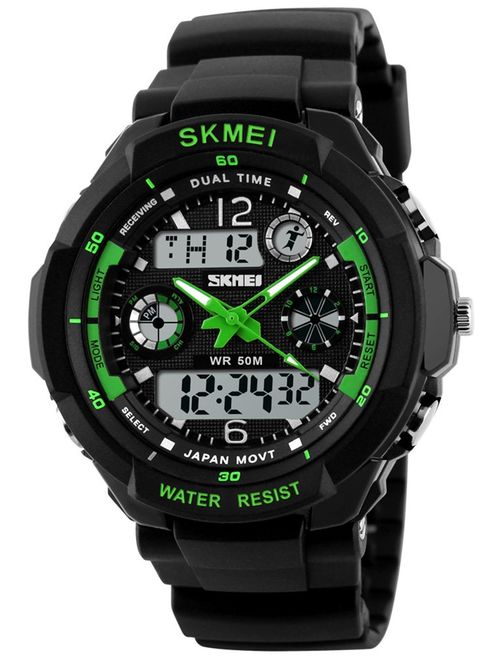 Fanmis Military Analog Digital Display Multifunction Dual Time Alarm Stopwatch Backlight 50M Waterproof Sports Watch Green