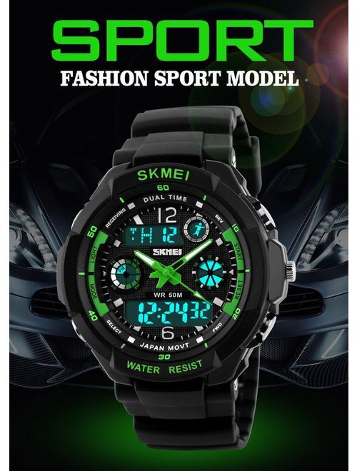 Fanmis Military Analog Digital Display Multifunction Dual Time Alarm Stopwatch Backlight 50M Waterproof Sports Watch Green