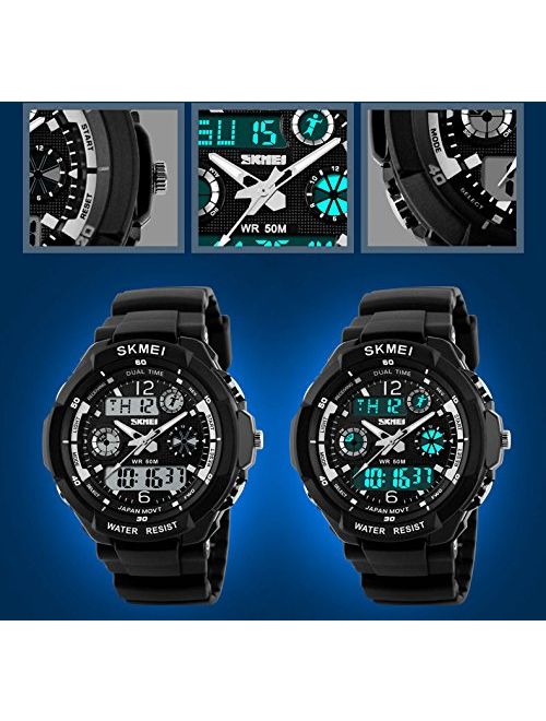 Fanmis Military Analog Digital Display Multifunction Dual Time Alarm Stopwatch Backlight 50M Waterproof Sports Watch Green