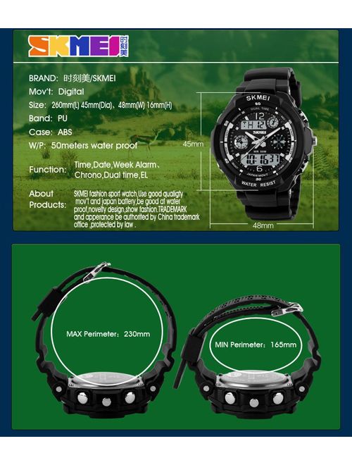 Fanmis Military Analog Digital Display Multifunction Dual Time Alarm Stopwatch Backlight 50M Waterproof Sports Watch Green