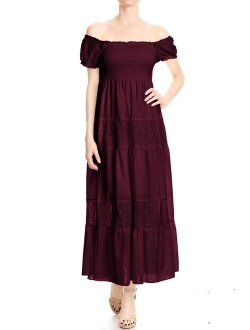 ANNA-KACI Off Shoulder Boho Lace Semi Sheer Smocked Maxi Long Dress