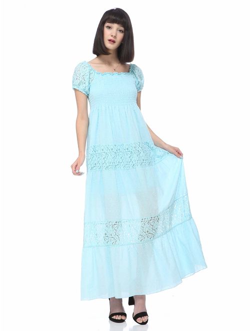 Anna Kaci ANNA-KACI Off Shoulder Boho Lace Semi Sheer Smocked Maxi Long Dress