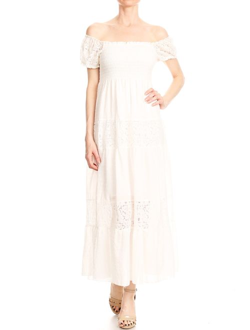 Anna Kaci ANNA-KACI Off Shoulder Boho Lace Semi Sheer Smocked Maxi Long Dress