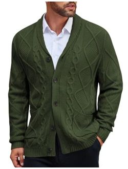 Men's Shawl Collar Cardigan Sweater Slim Fit Merish Aran Button Down Cable Knitted Sweater with Pockets