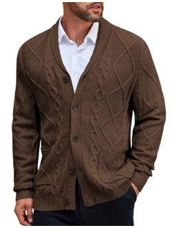 Men's Shawl Collar Cardigan Sweater Slim Fit Merish Aran Button Down Cable Knitted Sweater with Pockets