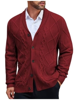 Men's Shawl Collar Cardigan Sweater Slim Fit Merish Aran Button Down Cable Knitted Sweater with Pockets