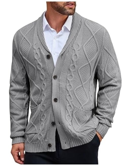 Men's Shawl Collar Cardigan Sweater Slim Fit Merish Aran Button Down Cable Knitted Sweater with Pockets