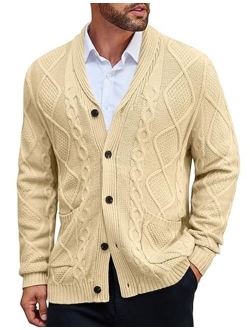 Men's Shawl Collar Cardigan Sweater Slim Fit Merish Aran Button Down Cable Knitted Sweater with Pockets