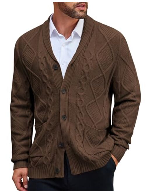 COOFANDY Men's Shawl Collar Cardigan Sweater Slim Fit Merish Aran Button Down Cable Knitted Sweater with Pockets