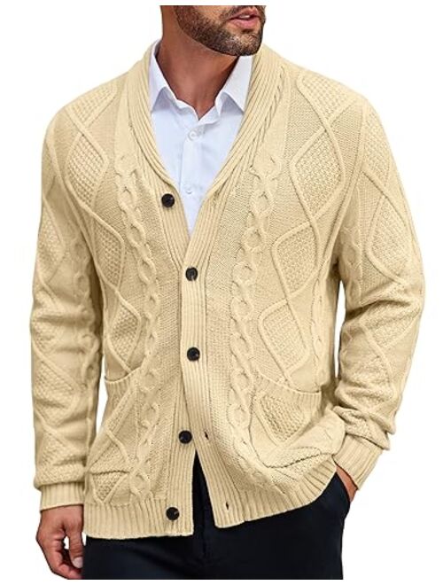 COOFANDY Men's Shawl Collar Cardigan Sweater Slim Fit Merish Aran Button Down Cable Knitted Sweater with Pockets